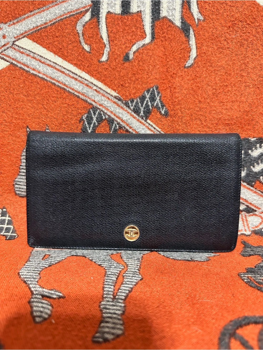 CHANEL Black Leather Flap Wallet with Gold CC Button